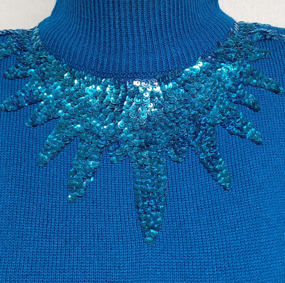 Deadstock Vintage 70s Darian Teal Sequin Starburst Mockneck Midi Sweater Dress M - Picture 4 of 12